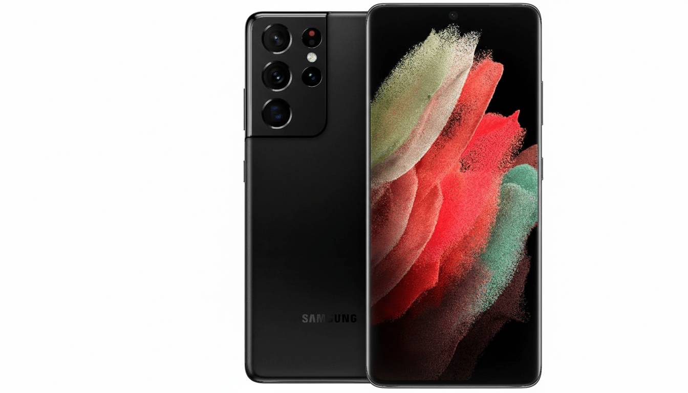 A black Samsung Galaxy S21 Ultra smartphone is displayed at a 16:9 aspect ratio on a clean, professional white background. The front screen shows a colorful, abstract wallpaper with red, green, and white hues, while the back of the phone, featuring its camera array, is visible to the left.