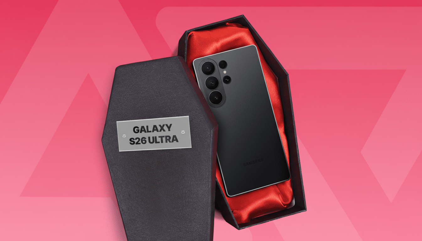 A black smartphone, labeled SAMSUNG, rests inside a black coffin lined with red satin. The coffin lid, partially open, displays a silver plaque engraved with GALAXY S26 ULTRA. The background is a vibrant pink with subtle geometric patterns.