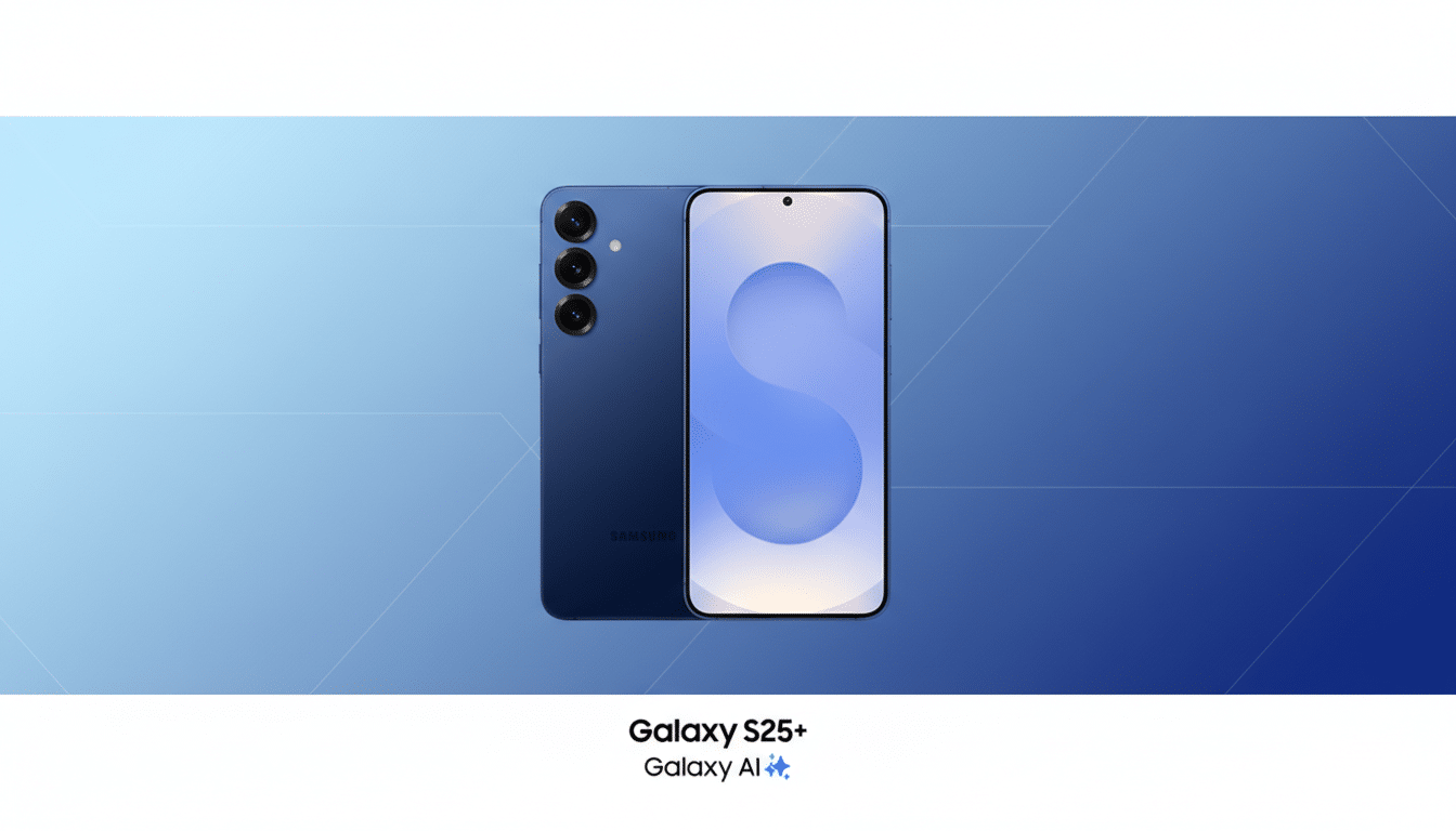 A blue Samsung Galaxy S25+ smartphone is displayed with its front and back visible, set against a professional blue gradient background. The text Galaxy S25+ and Galaxy AI ✨ is below the phone.