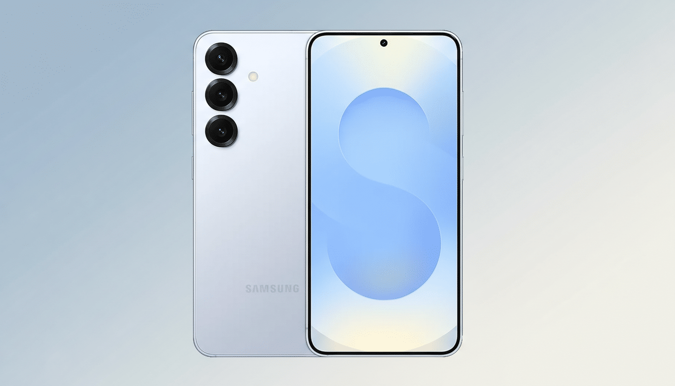 A light gray Samsung smartphone, shown from the front and back, against a professional flat design background with a soft blue and white gradient.