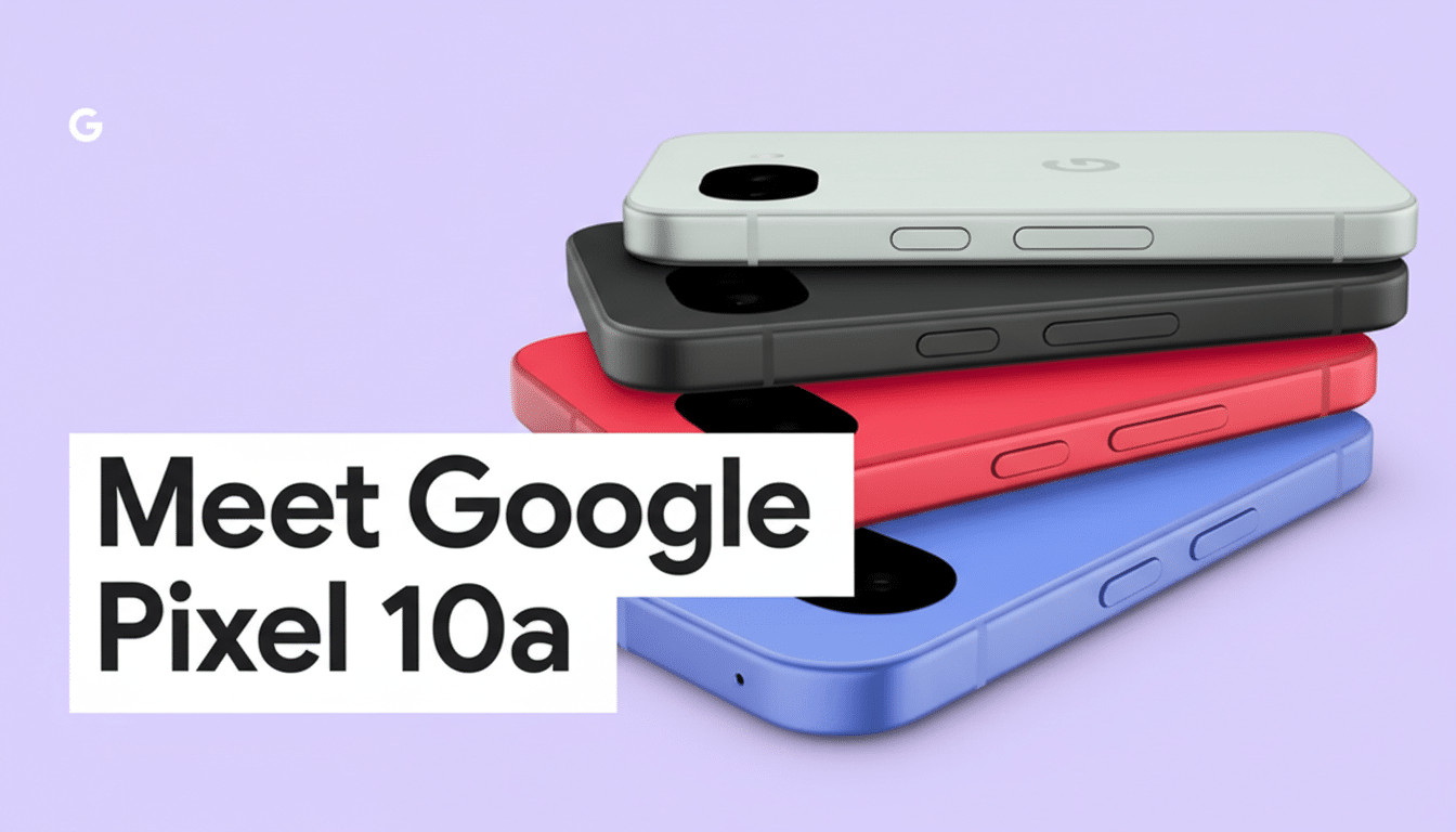 A stack of four Google Pixel 10a phones in white, black, red, and blue, with the text Meet Google Pixel 10a on a white box in the foreground.