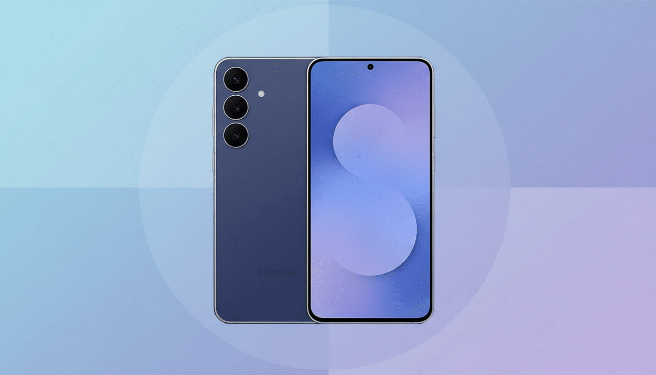A blue Samsung smartphone, showing both the front and back, presented on a professional flat design background with soft blue and purple gradients.