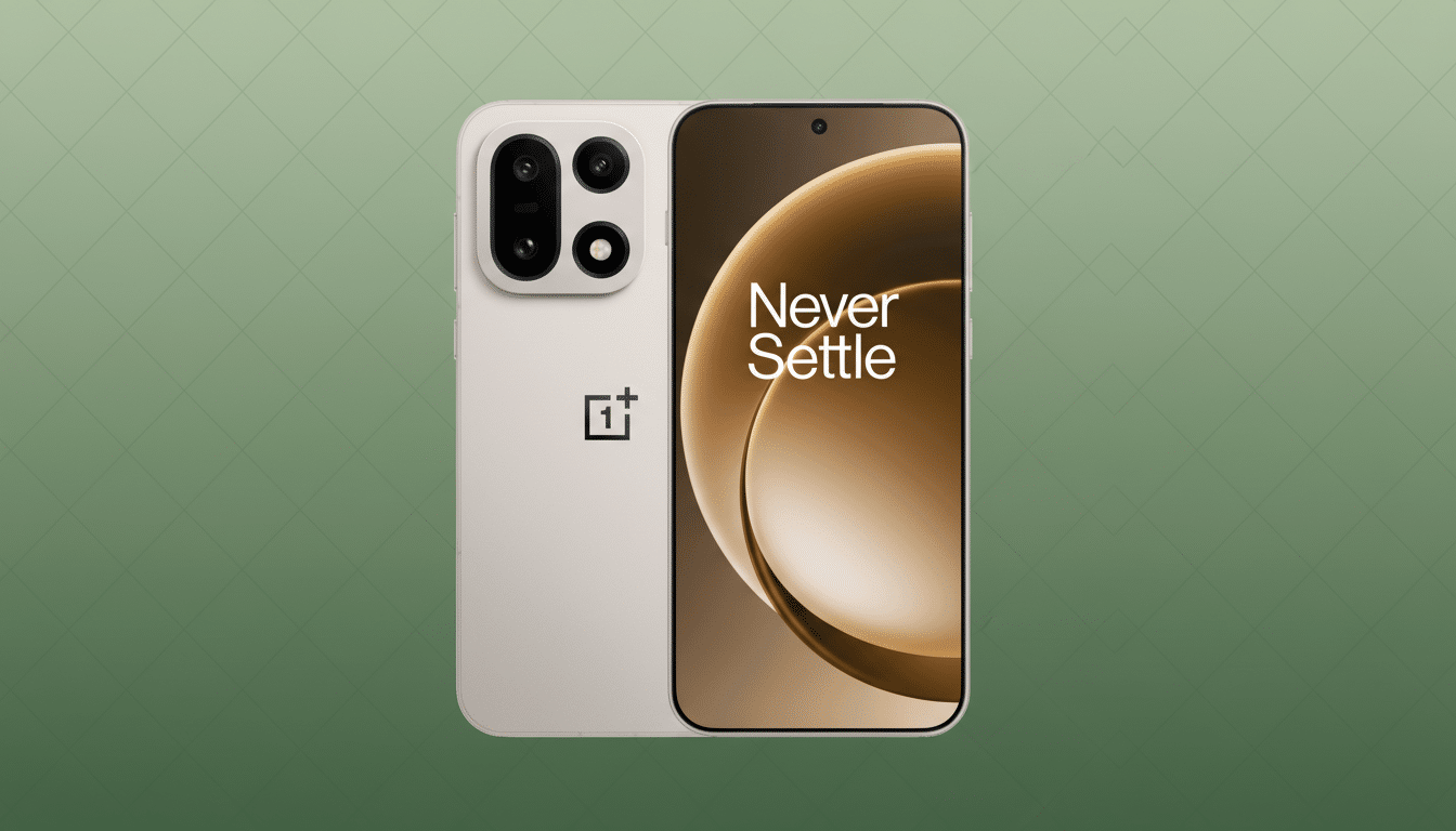 A beige OnePlus smartphone with a Never Settle wallpaper on the screen, presented against a professional green background with subtle geometric patterns.