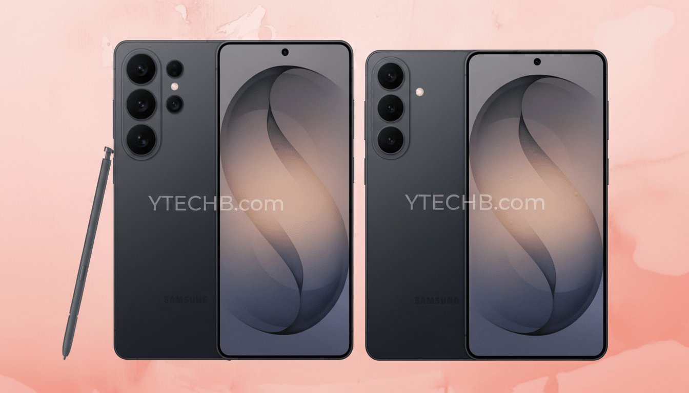 Two dark gray Samsung smartphones, one with a stylus, displayed against a peach-colored background.