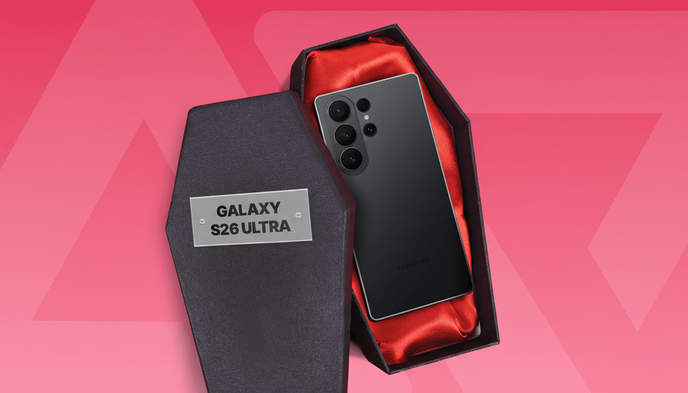 A black smartphone, labeled SAMSUNG, rests inside a miniature black coffin lined with red satin. The coffin lid, partially open, displays a silver plaque engraved with GALAXY S26 ULTRA. The background is a vibrant pink with subtle geometric patterns.