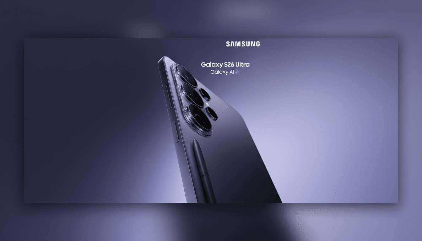 A Samsung Galaxy S26 Ultra phone in a purple hue, with its S Pen stylus, presented against a gradient background.