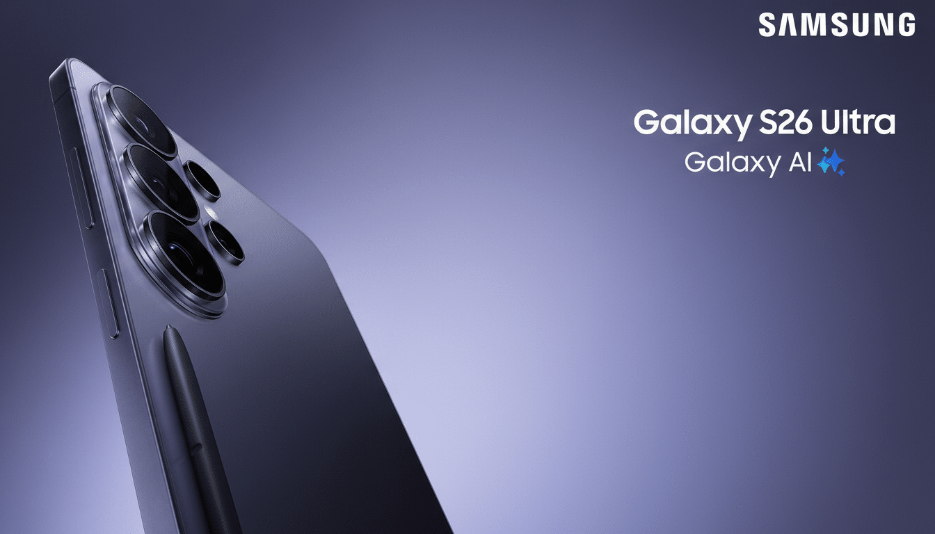 A Samsung Galaxy S26 Ultra phone in a purple hue, with its S Pen stylus, presented on a professional purple gradient background. The Samsung logo and Galaxy S26 Ultra Galaxy AI text are visible in the upper right.