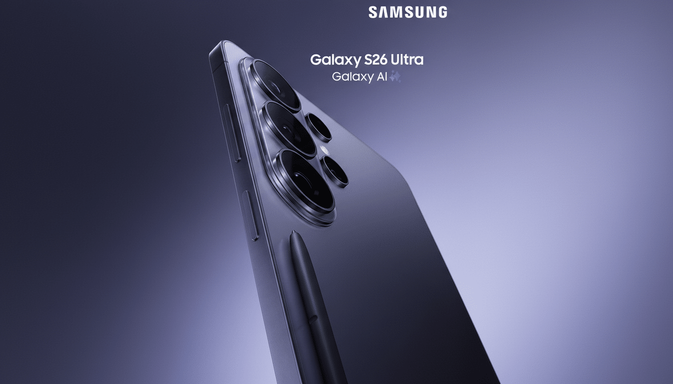 A Samsung Galaxy S26 Ultra phone in a purple hue, with its S Pen stylus, presented against a gradient background.