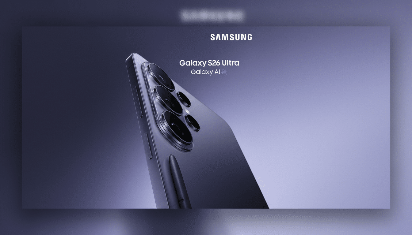 A Samsung Galaxy S26 Ultra phone in a professional 16:9 aspect ratio, showcasing its camera array and S Pen against a soft gradient background.