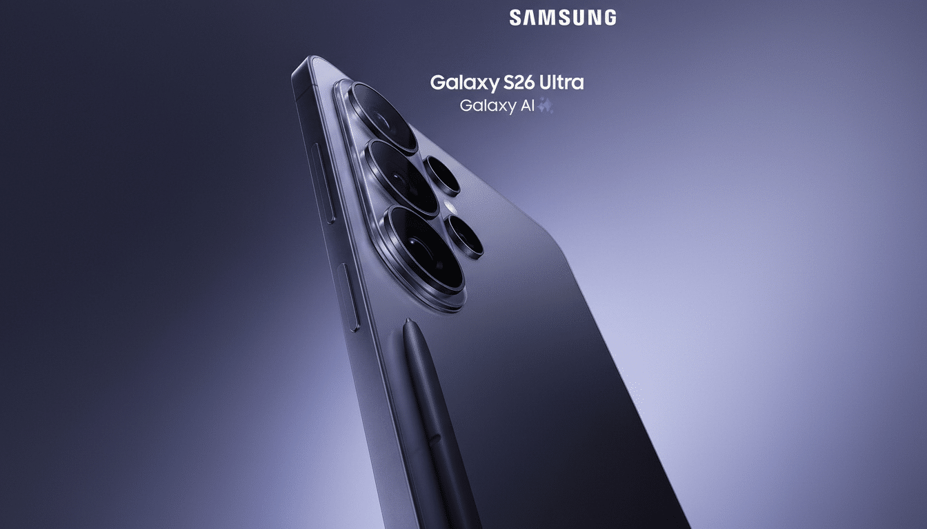 A Samsung Galaxy S26 Ultra phone in a purple hue, with its S Pen stylus, presented against a professional, soft gradient background.