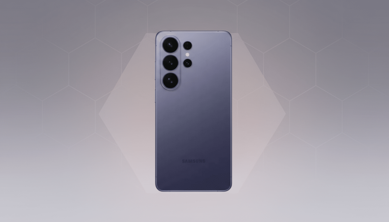 A Samsung smartphone in a professional 16:9 aspect ratio with a soft, patterned background.