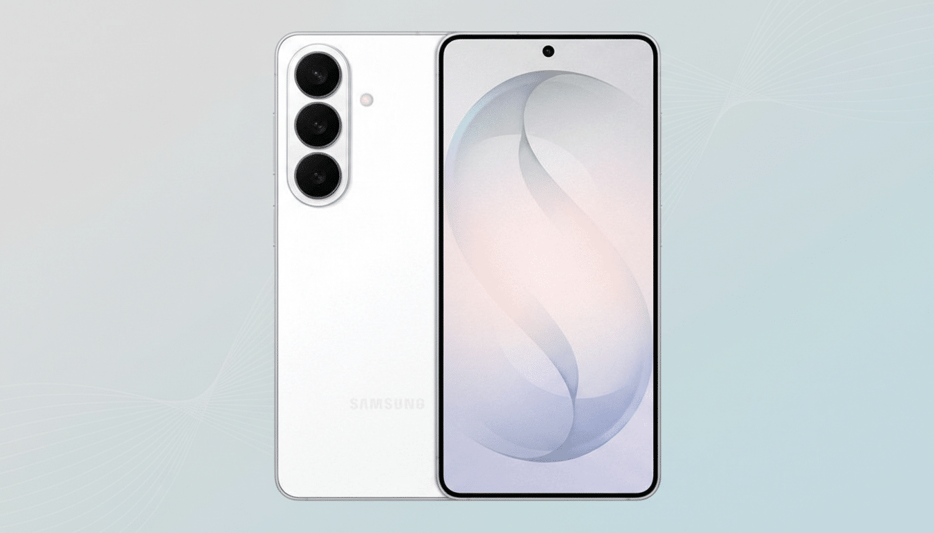 A white Samsung smartphone, showing both its front and back, set against a professional flat design background with soft patterns and gradients.