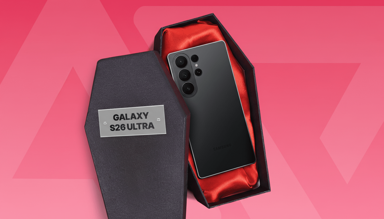 A Samsung Galaxy S26 Ultra phone resting in a black coffin with a red satin interior, set against a pink background with subtle geometric patterns.