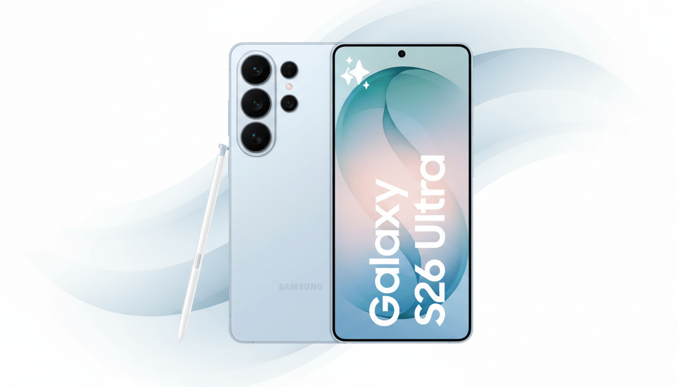 A light blue Samsung Galaxy S26 Ultra smartphone with a stylus, presented on a professional flat design background with soft blue and white gradients and subtle wave patterns.