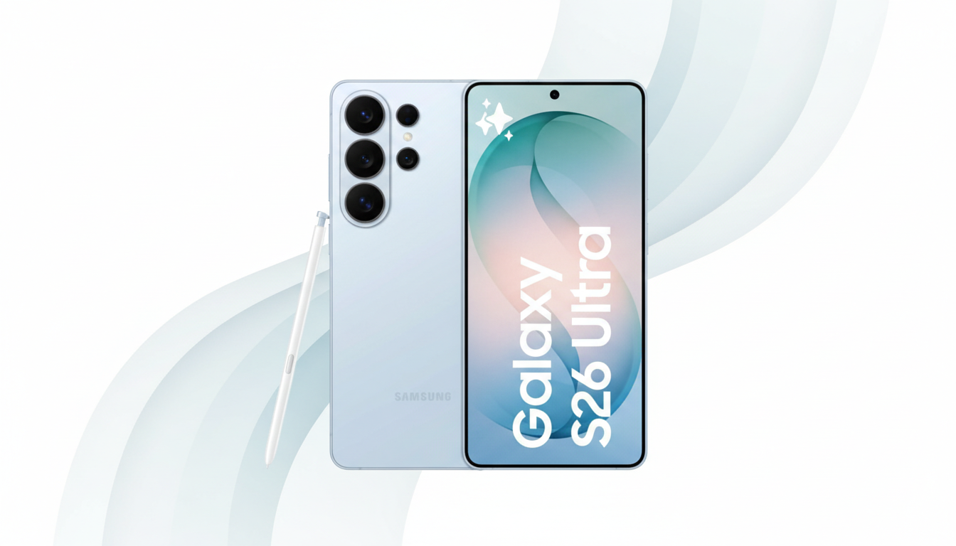 A light blue Samsung Galaxy S26 Ultra smartphone with a stylus, presented on a professional white background with subtle light blue and pink gradient patterns.