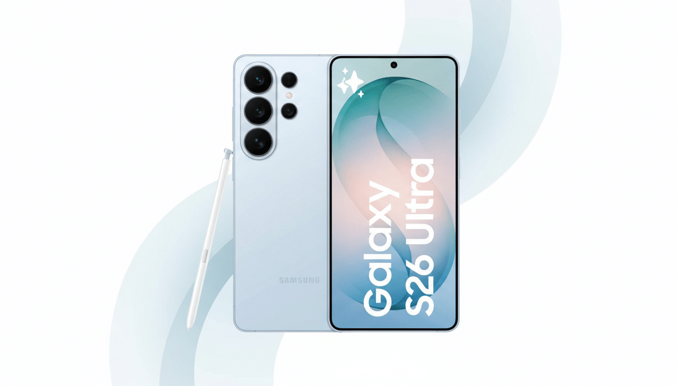 A light blue Samsung Galaxy S26 Ultra smartphone with a stylus, presented on a professional white background with subtle light blue gradient patterns.