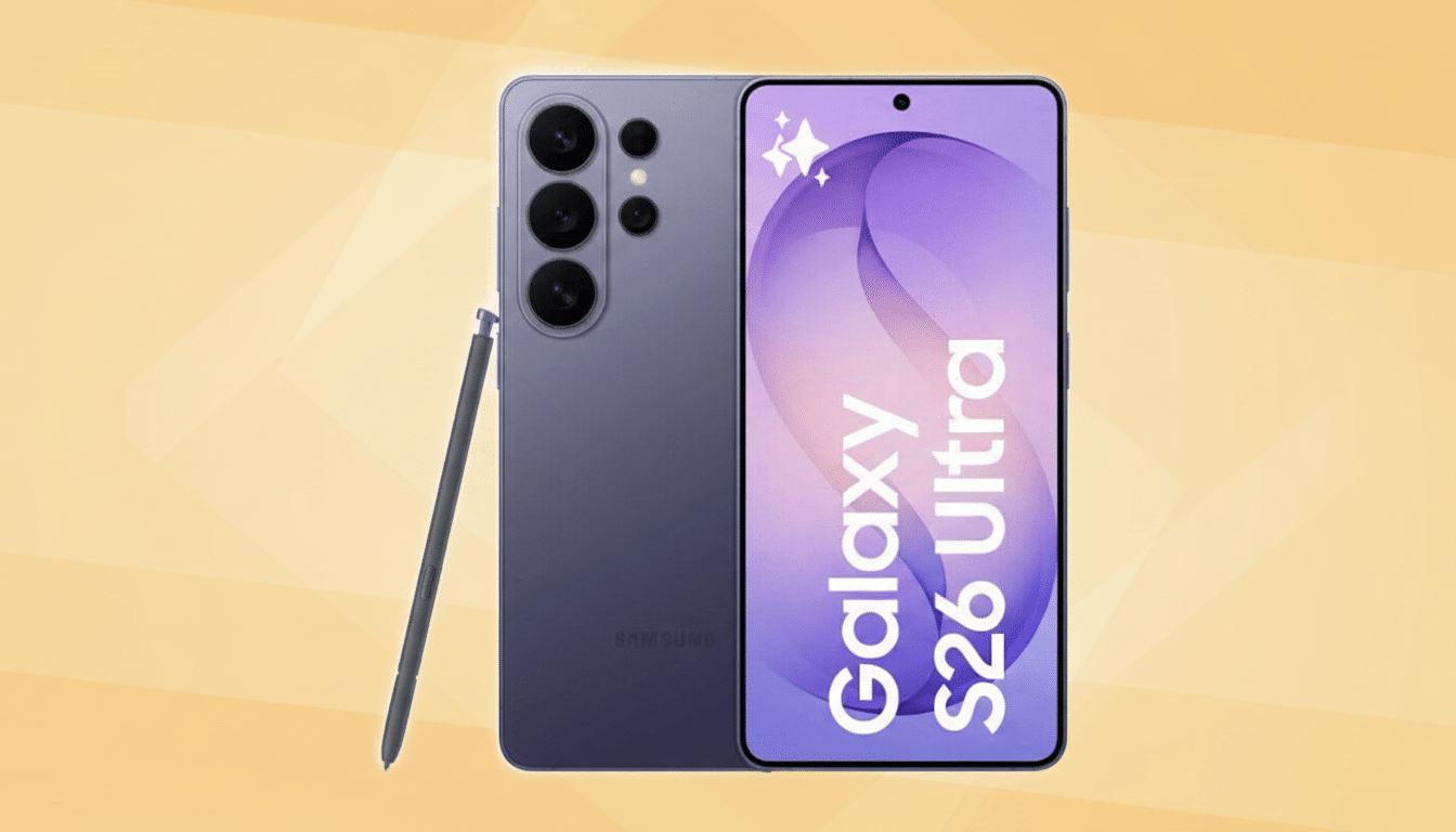 A Samsung Galaxy S26 Ultra smartphone in a purple hue, with its back facing forward and the screen displaying Galaxy S26 Ultra in white text on a purple background. A stylus is positioned next to the phone. The background is a soft yellow with subtle geometric patterns.