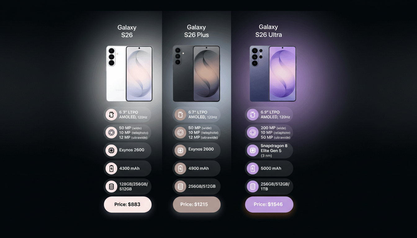 A comparison chart for three Samsung Galaxy S26 phone models: S26, S26 Plus, and S26 Ultra, detailing their screen size, display technology, camera specifications, processor, battery capacity, storage options, and price.