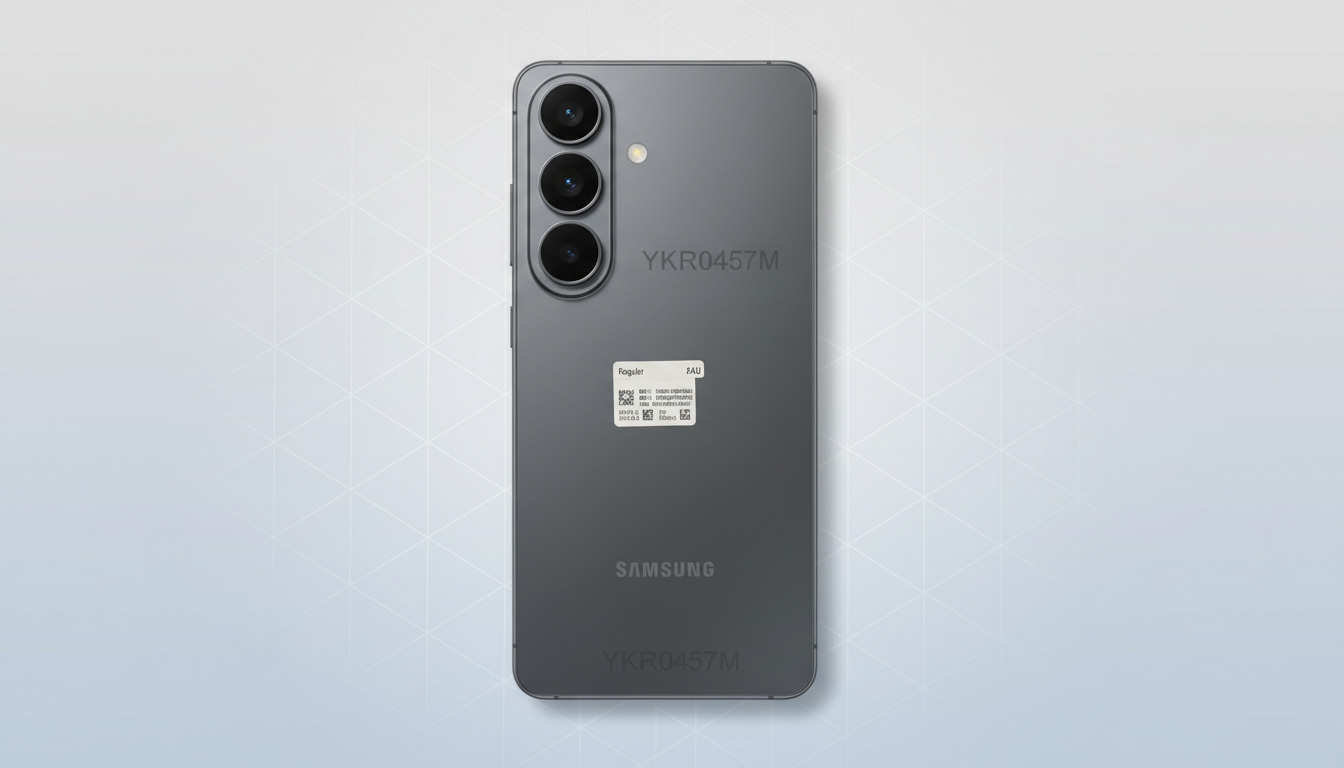 A gray Samsung smartphone is centered on a light gray background with a subtle geometric pattern. The phones back features three camera lenses, a flash, and text including YKR0457M and SAMSUNG.