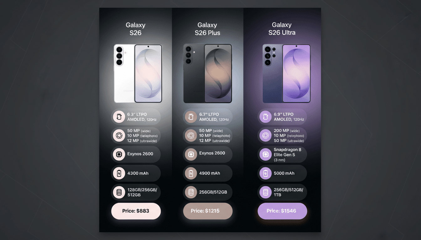 A comparison chart for three Samsung Galaxy S26 phone models: S26, S26 Plus, and S26 Ultra, detailing their screen size, display technology, camera specifications, processor, battery capacity, storage options, and price.
