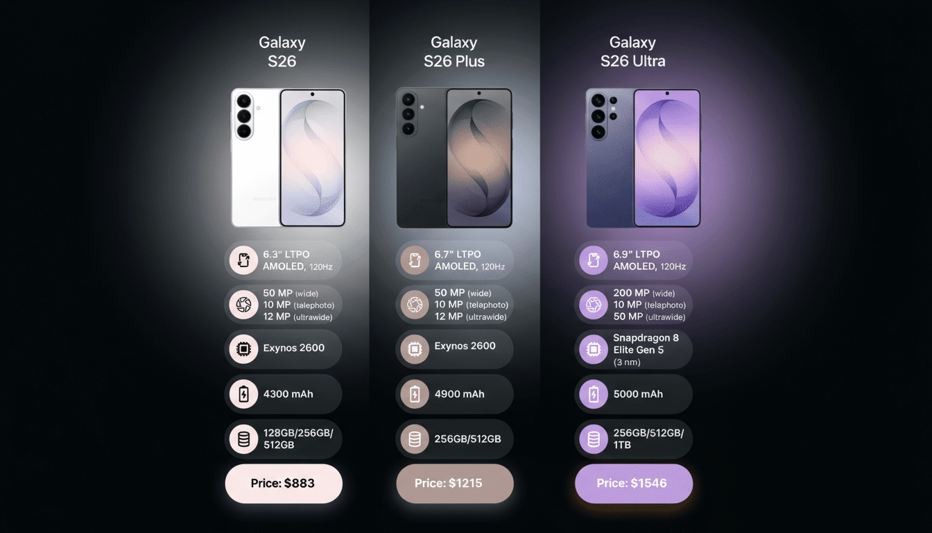 A comparison chart for three Samsung Galaxy S26 phone models: S26, S26 Plus, and S26 Ultra. Each model lists screen size, display type, camera specifications, processor, battery capacity, storage options, and price.