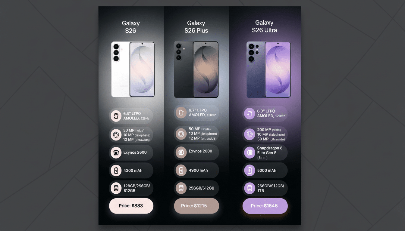 A comparison chart for three Samsung Galaxy S26 phone models: S26, S26 Plus, and S26 Ultra, detailing their screen size, display technology, camera specifications, processor, battery capacity, storage options, and price.