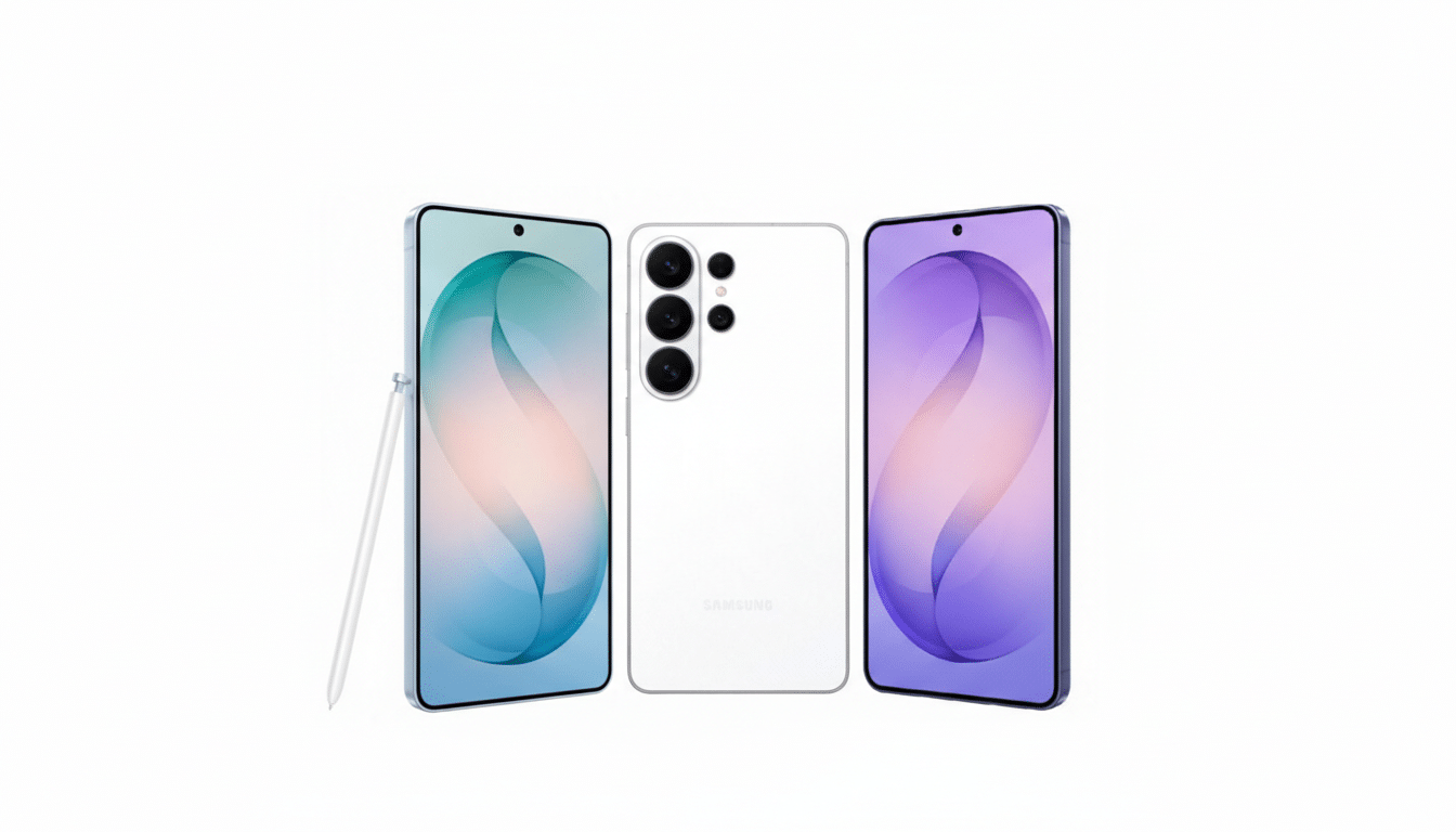 A white Samsung smartphone is displayed from three angles: front left with a stylus, back center, and front right. The screens show abstract blue and purple designs.