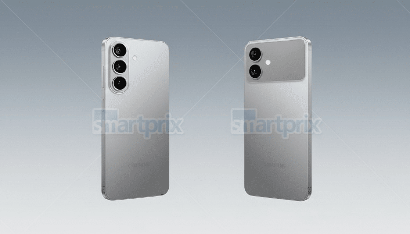 A 16:9 aspect ratio image showcasing two silver Samsung smartphones from different angles, presented on a professional flat design background with soft gradients.