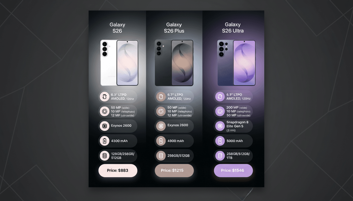 A comparison chart of three Samsung Galaxy S26 phone models: S26, S26 Plus, and S26 Ultra, detailing their specifications and prices.