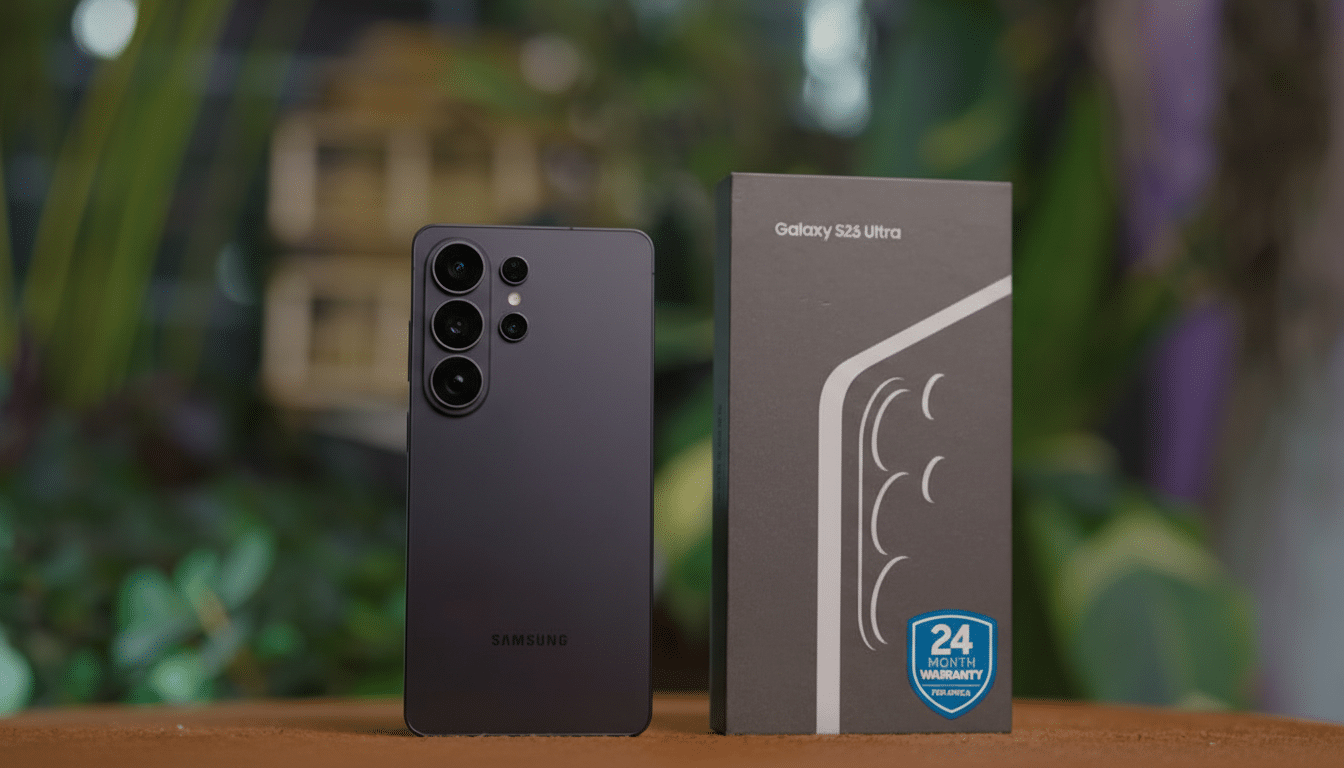 A Samsung Galaxy S23 Ultra smartphone and its retail box are displayed on a wooden surface with a blurred green background.