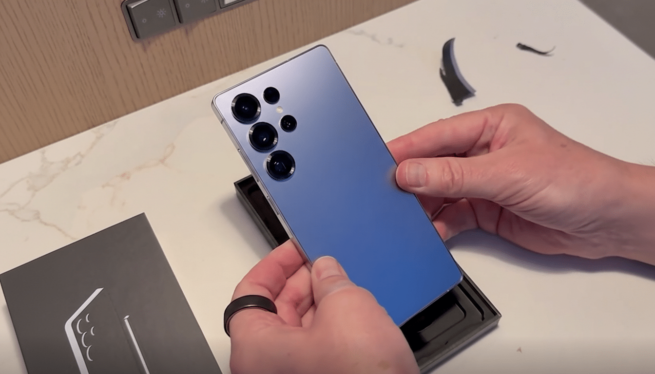 A persons hands holding a blue smartphone, with the phones camera lenses visible, against a background of a light-colored countertop and a wooden wall panel.