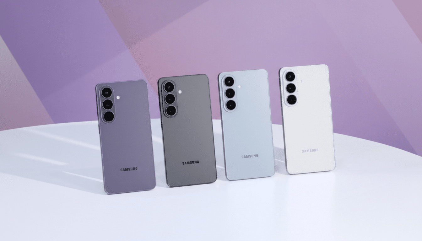 Four Samsung smartphones in different colors (purple, gray, light blue, and white) are displayed on a white surface with a purple and white gradient background.