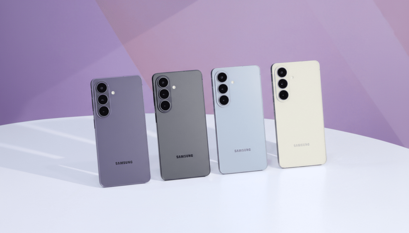 Four Samsung smartphones in different colors (lavender, gray, light blue, and cream) are displayed upright on a white surface with a purple and white gradient background.