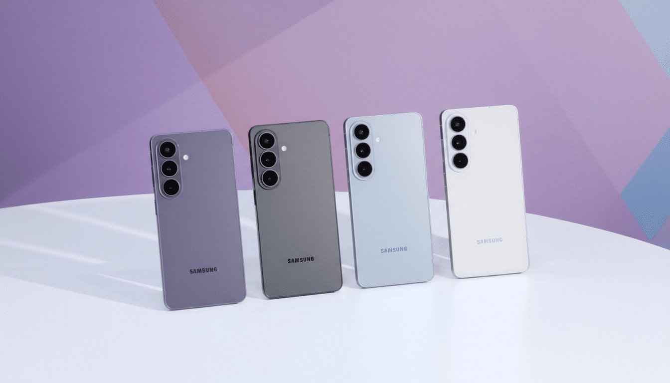 Four Samsung smartphones in different colors (purple, gray, light blue, and white) are displayed on a white surface with a purple and white gradient background.