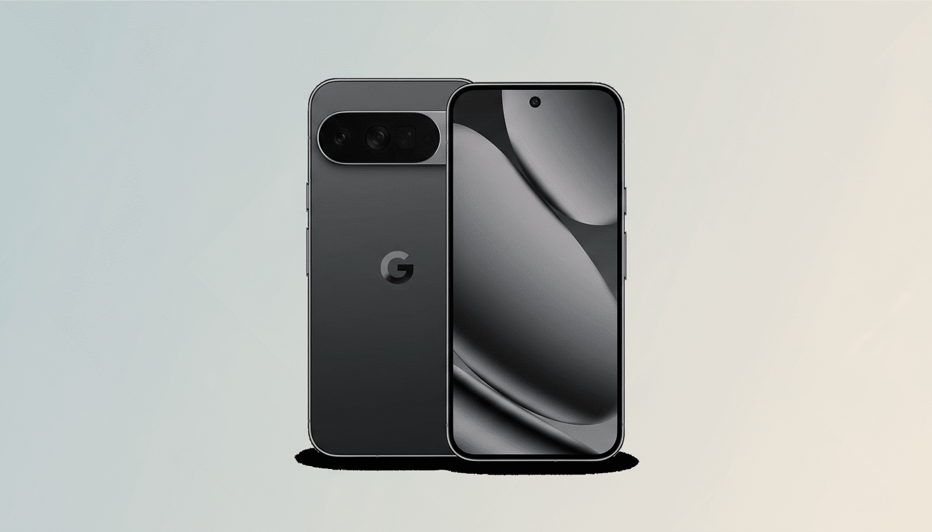 A dark gray smartphone, possibly a Google Pixel, shown from the front and back, with a professional flat design background featuring soft gradients.