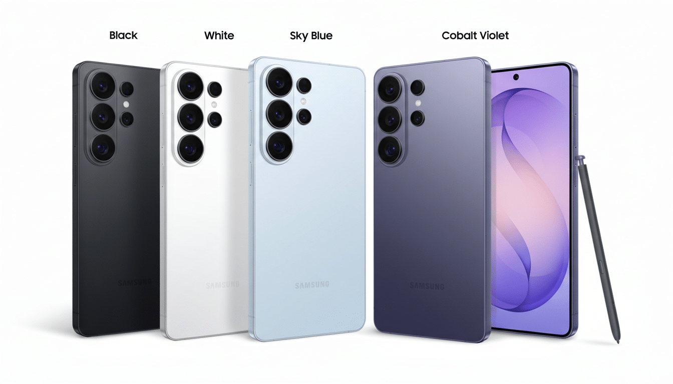 A professional image showcasing five Samsung smartphones in Black, White, Sky Blue, and Cobalt Violet colors, with one phone displaying a vibrant purple wallpaper and an S Pen stylus.