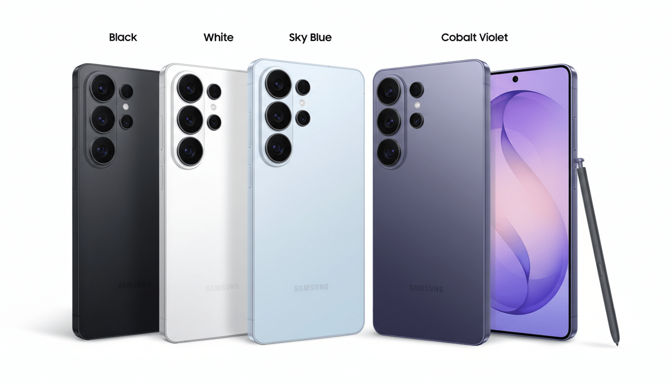 A professional image of four Samsung smartphones in black, white, sky blue, and cobalt violet, with a stylus next to the cobalt violet phone, all presented on a clean white background.
