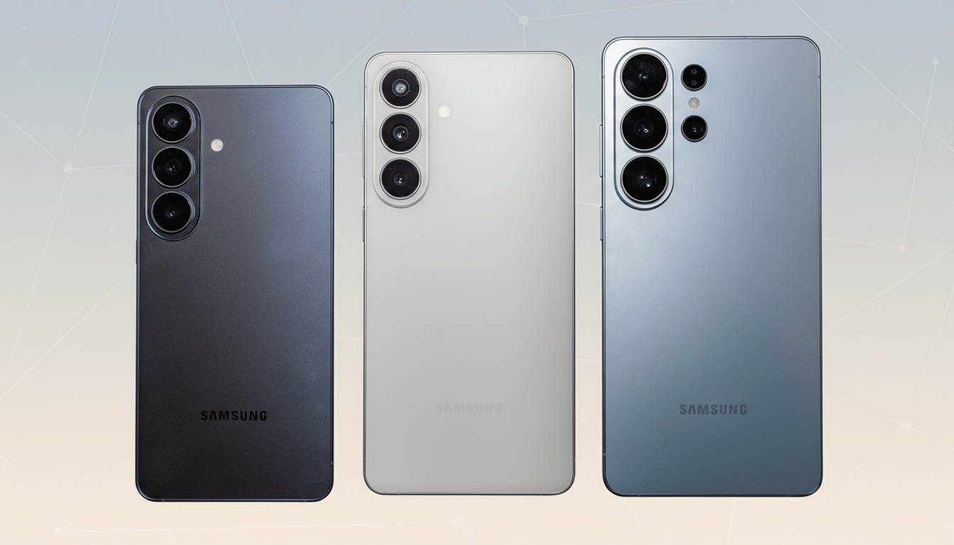 Three Samsung smartphones, one dark gray, one light gray, and one light blue, are arranged side-by-side on a professional background with soft patterns.