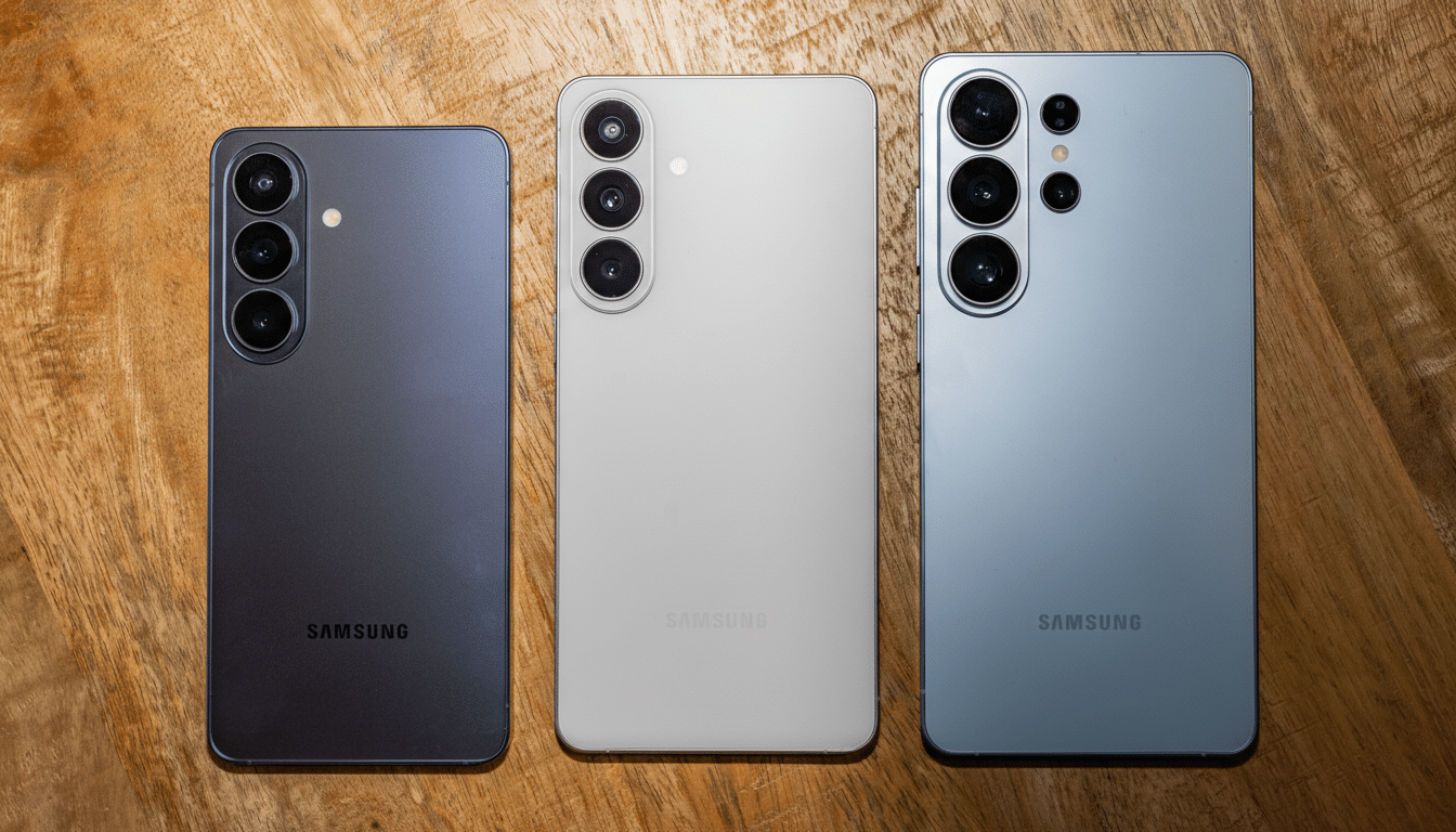 Three Samsung smartphones, in dark gray, white, and light blue, are arranged side-by-side on a wooden surface.