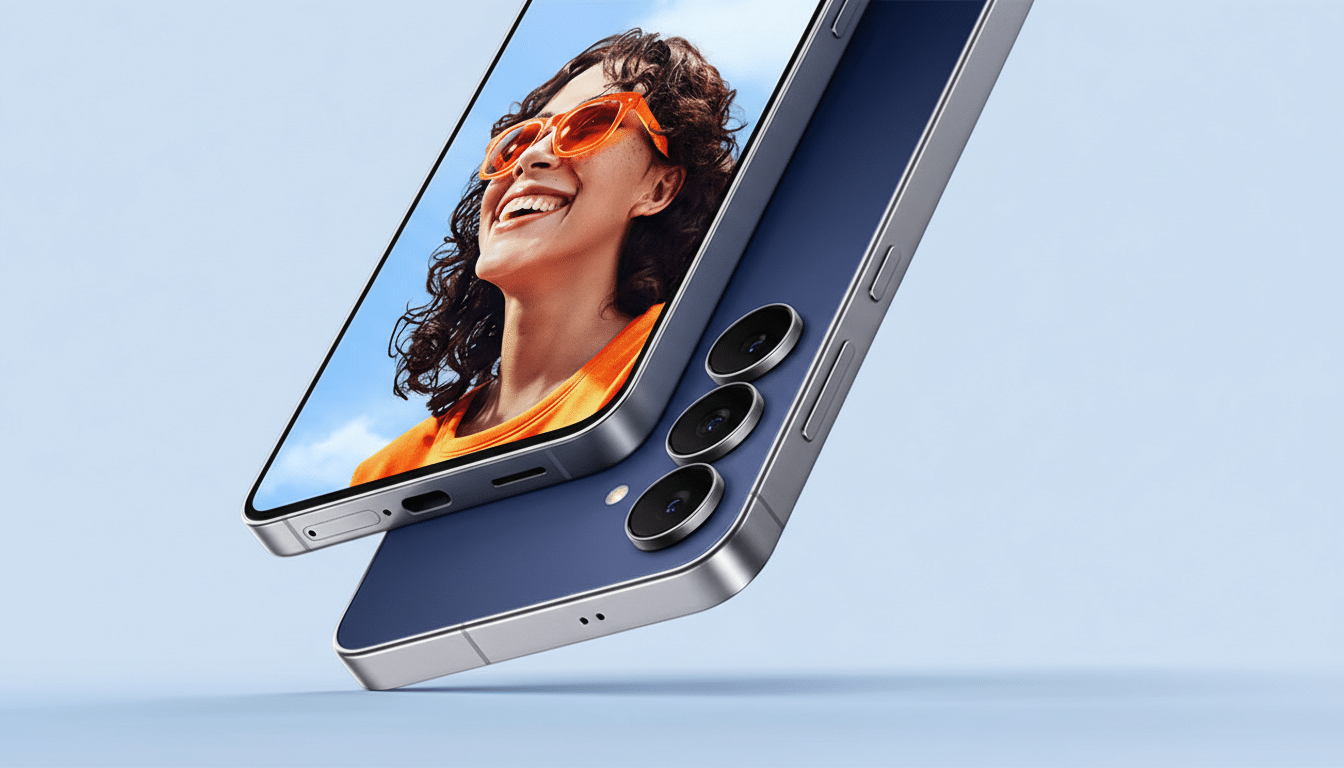 A blue smartphone with a screen displaying a smiling woman in orange sunglasses, set against a light blue background.