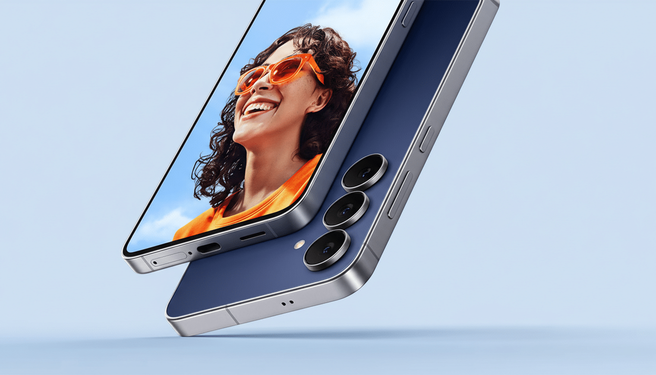 A blue smartphone with a screen displaying a smiling woman in orange sunglasses and an orange shirt, angled against a light blue background.