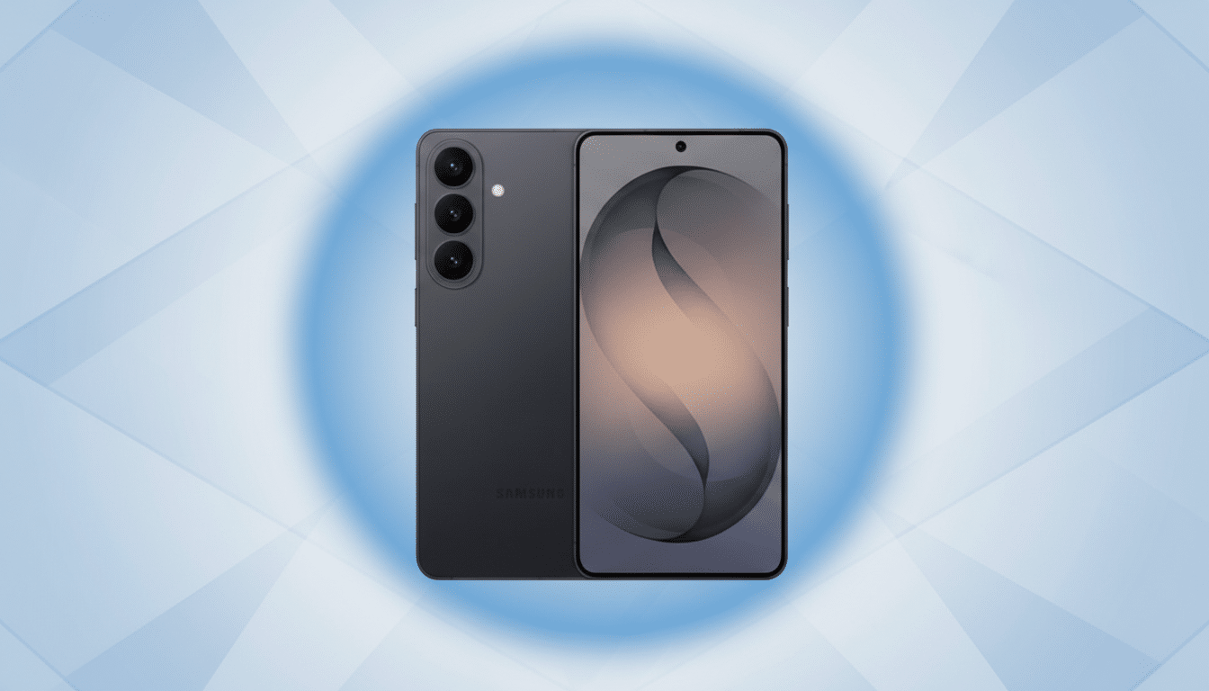 A dark gray Samsung smartphone is displayed against a professional light blue background with subtle geometric patterns and a central soft blue glow. The phone is shown from the front and back, with the screen displaying a dark, abstract design.