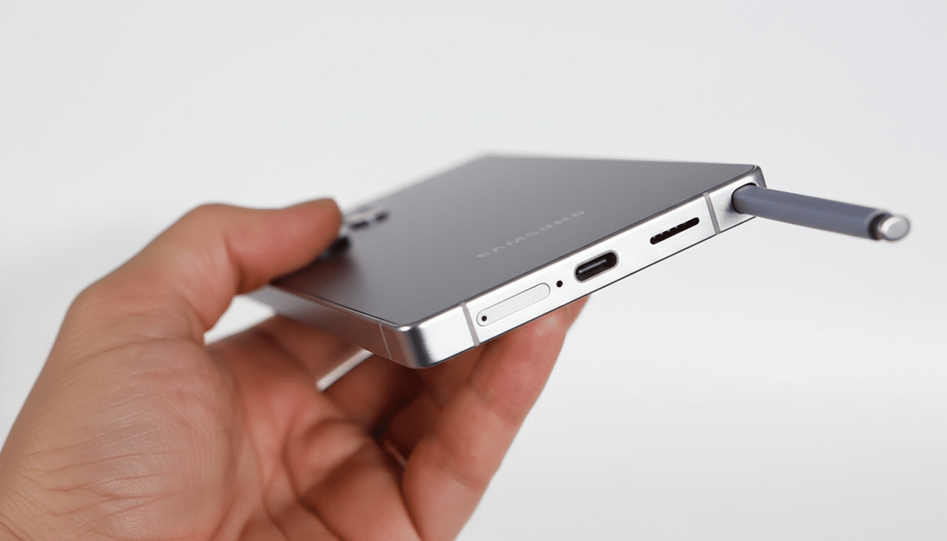 A hand holding a Samsung smartphone with a stylus partially ejected, presented in a 16:9 aspect ratio.