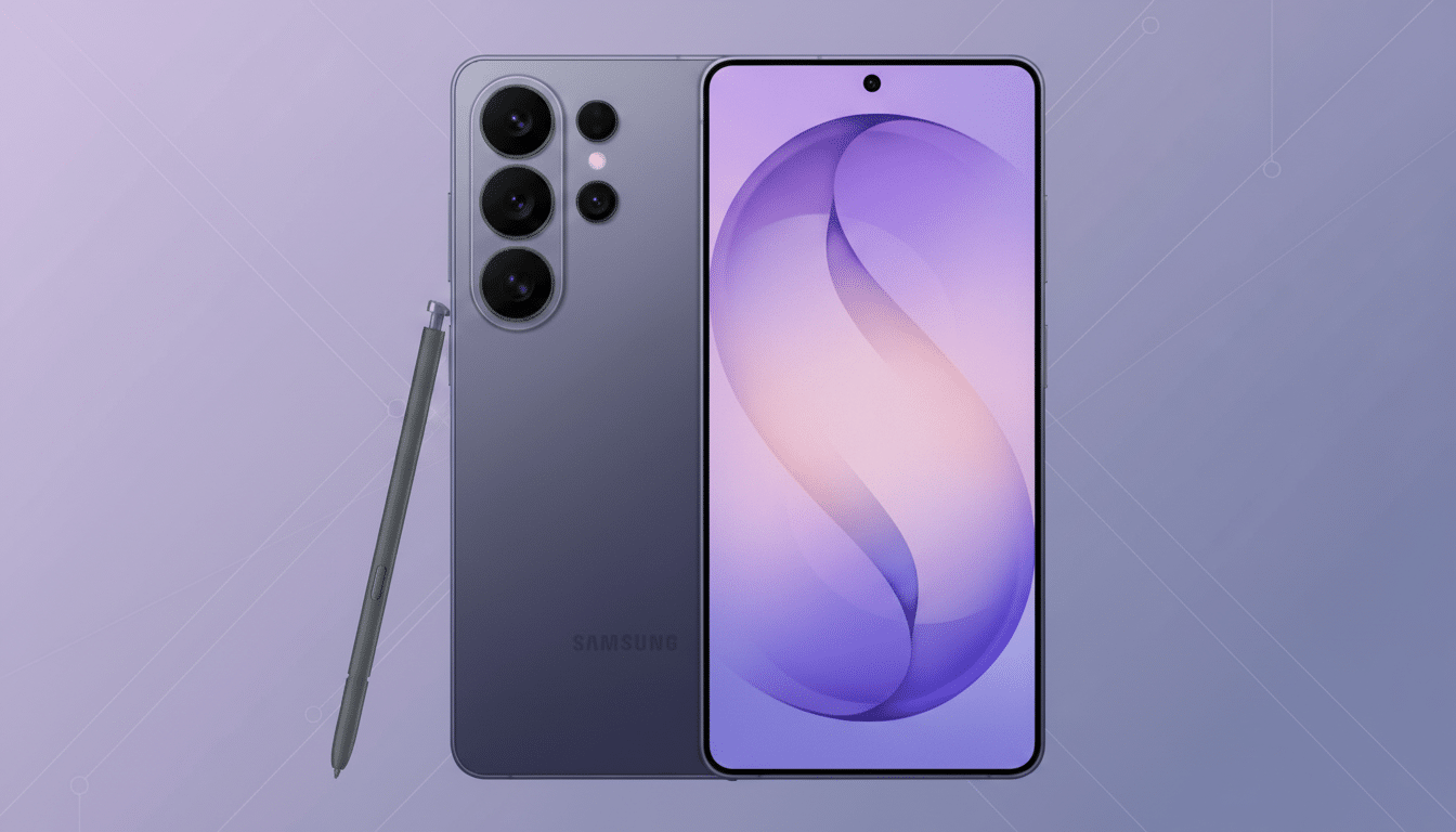 A purple Samsung smartphone with a stylus, presented on a professional flat design background with soft patterns and gradients.