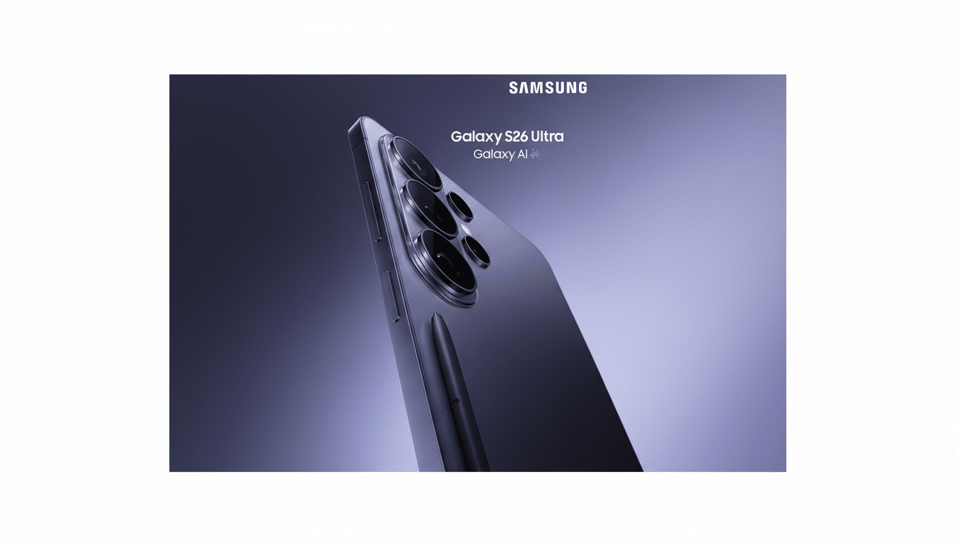 A Samsung Galaxy S26 Ultra phone in a purple hue, with its S Pen stylus, presented on a professional flat design background with a soft gradient.