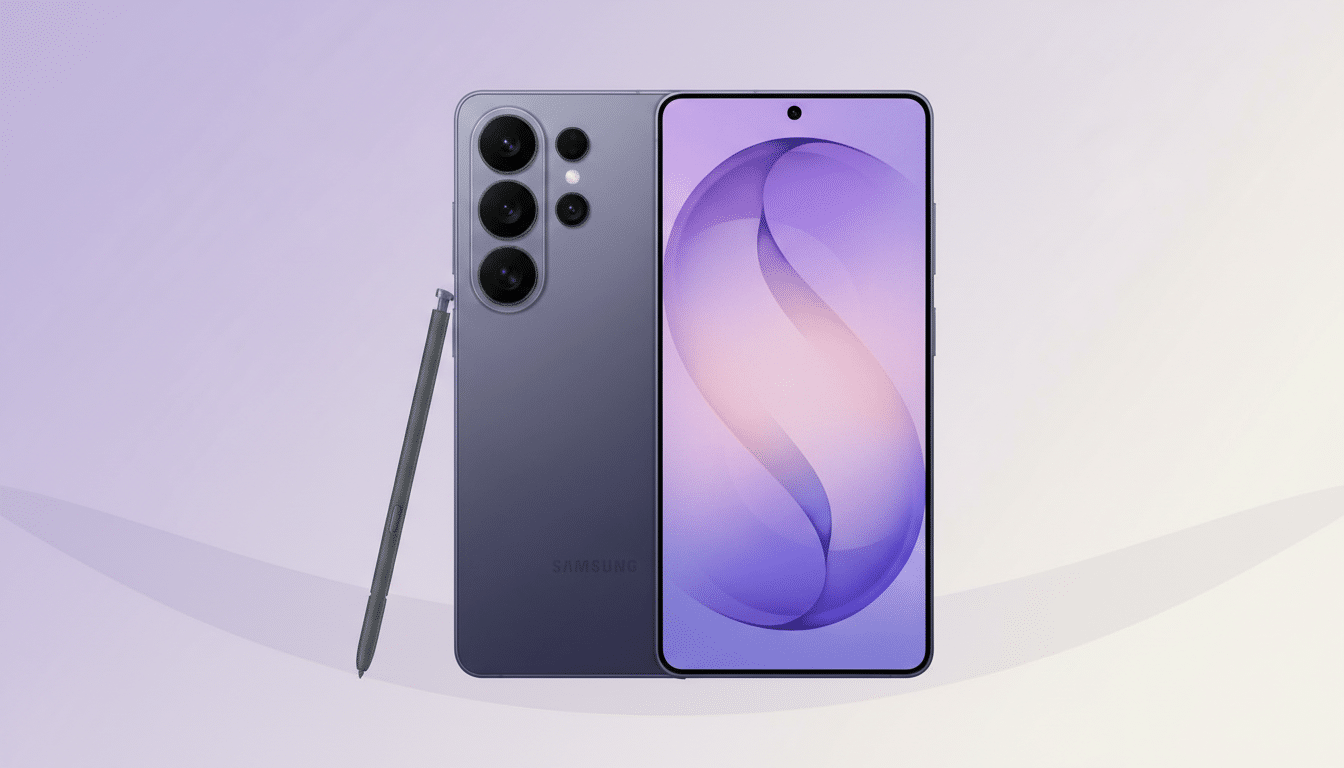 A purple Samsung smartphone with a stylus, presented professionally on a soft gradient background.