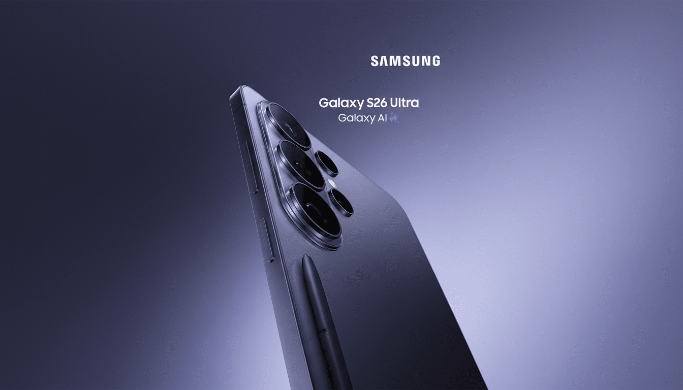 A Samsung Galaxy S26 Ultra phone in a purple hue, with its S Pen stylus, presented against a professional gradient background.