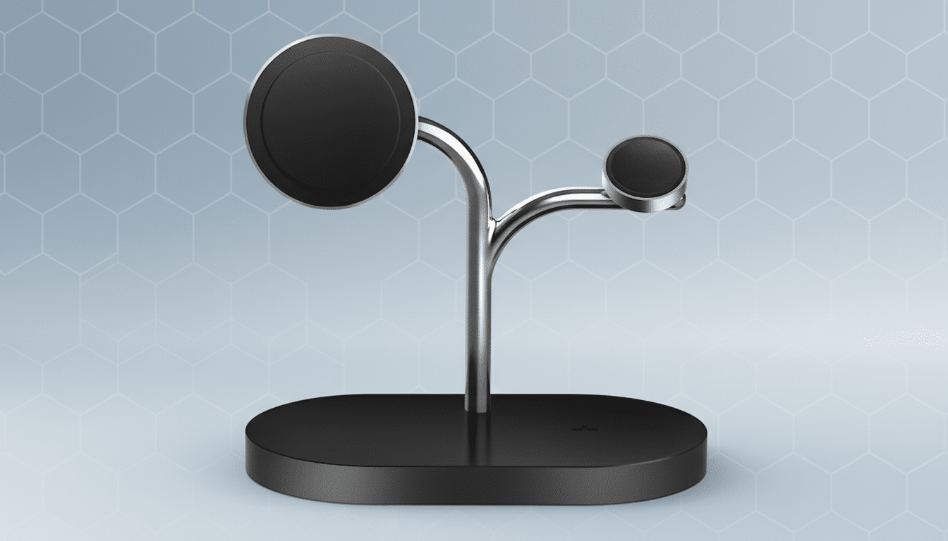 A black and silver multi-device charging stand with two circular magnetic charging pads, set against a professional light blue background with a subtle hexagonal pattern.