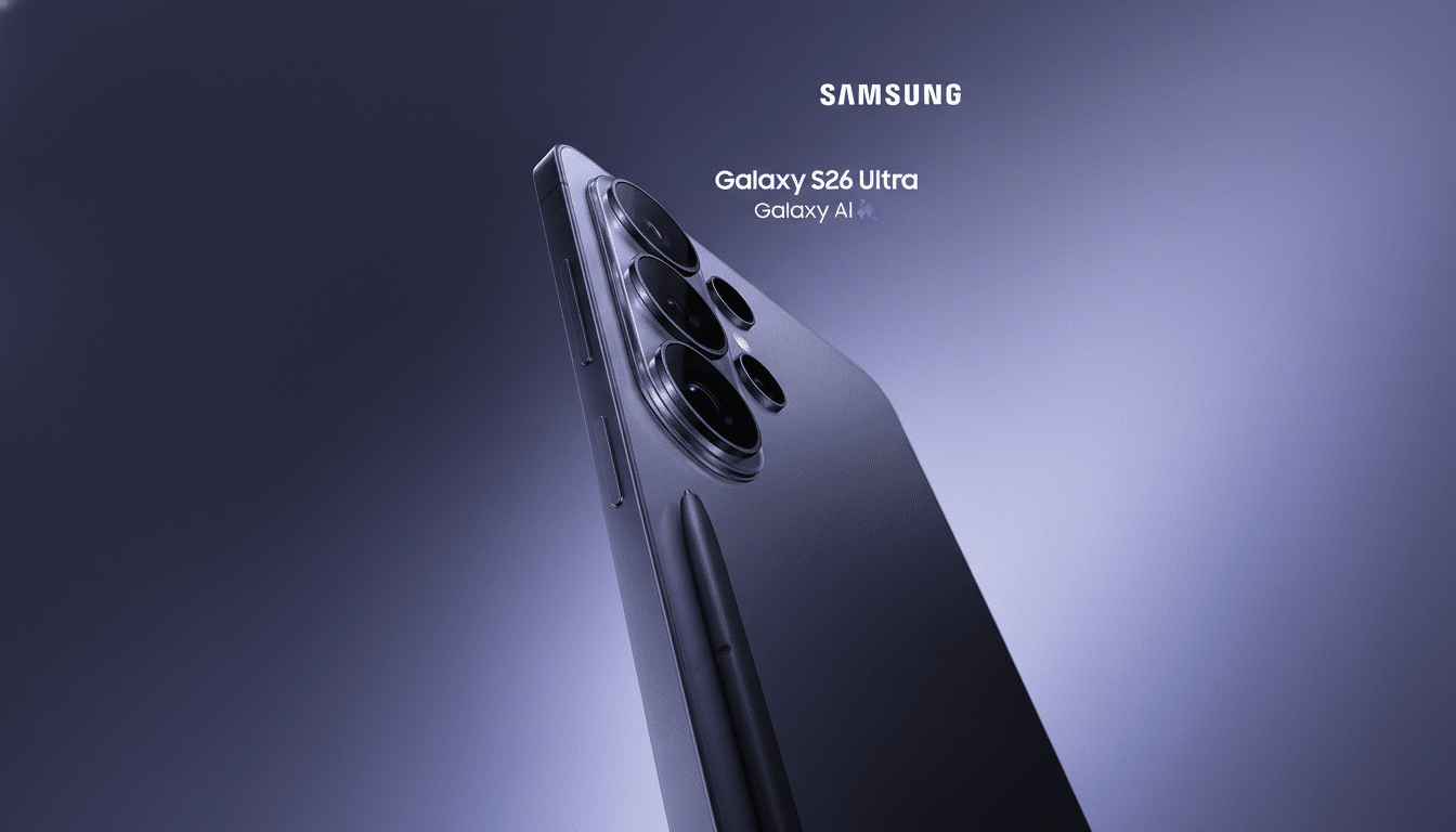 A Samsung Galaxy S26 Ultra phone in a purple hue, with its S Pen stylus, presented against a gradient purple background. The Samsung logo and Galaxy S26 Ultra Galaxy AI text are visible in the upper right quadrant.