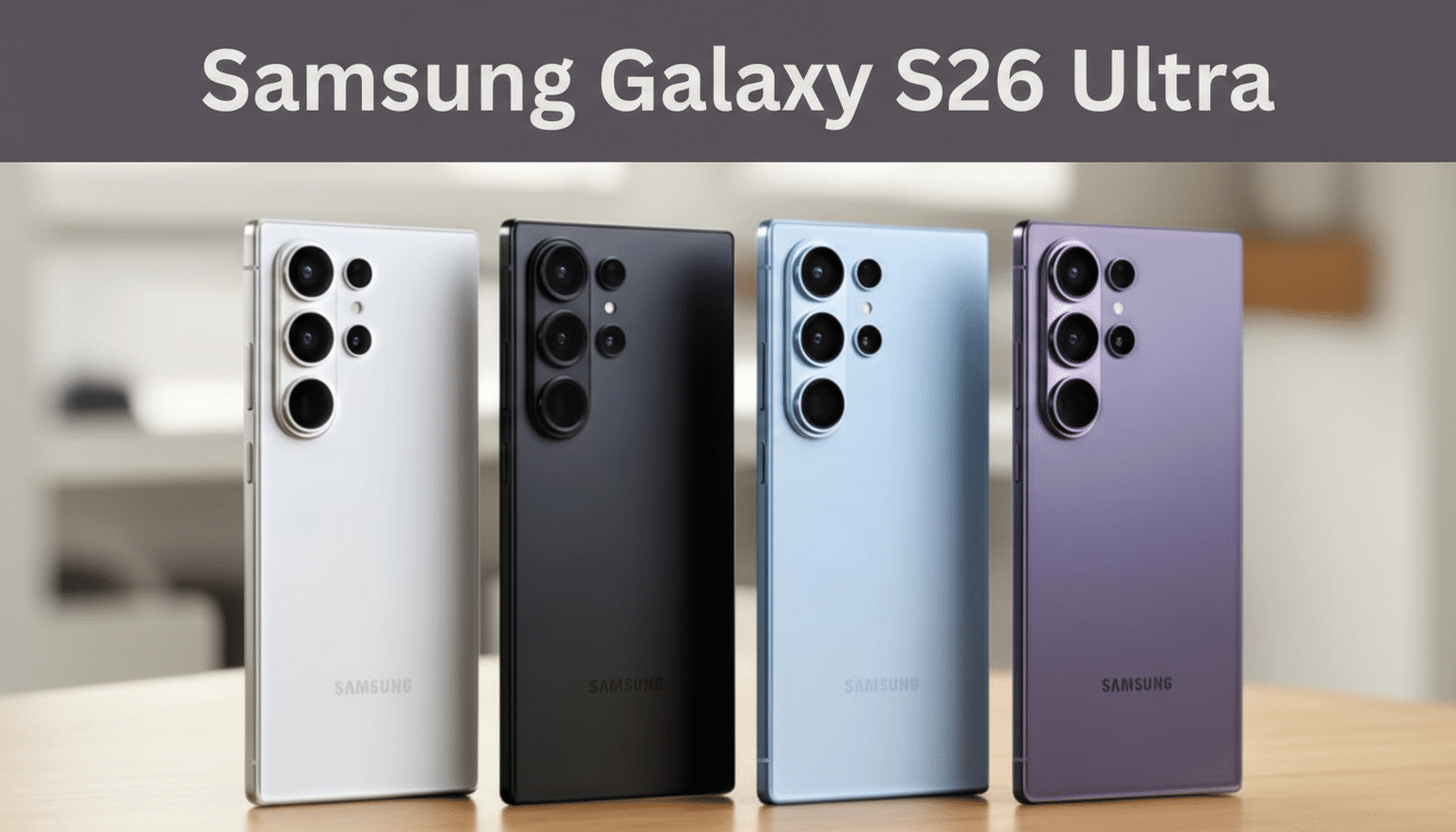 Four Samsung Galaxy S26 Ultra phones in white, black, light blue, and purple, displayed side-by-side on a wooden surface with a blurred background.